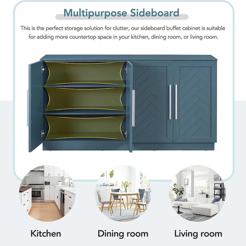 White Striped Sideboard Cabinet - 60" with Adjustable Shelves