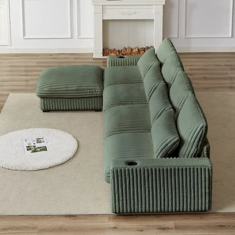 126 Corduroy L-Shaped Sectional Sofa with Cup Holders, and USB/Type-C Ports, Movable Footrest & 8 Pillows