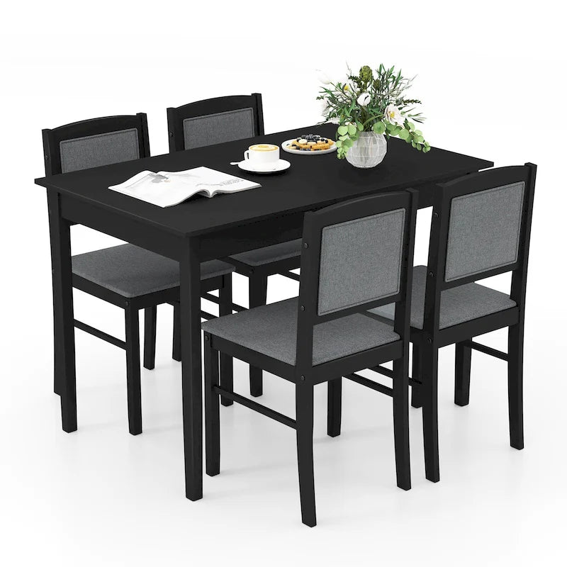 Gymax Set da Pranzo 5 Pezzi per 4 Persone con Tavolo e Sedie con Gambe in Legno di Caucciù e Seduta Imbottita