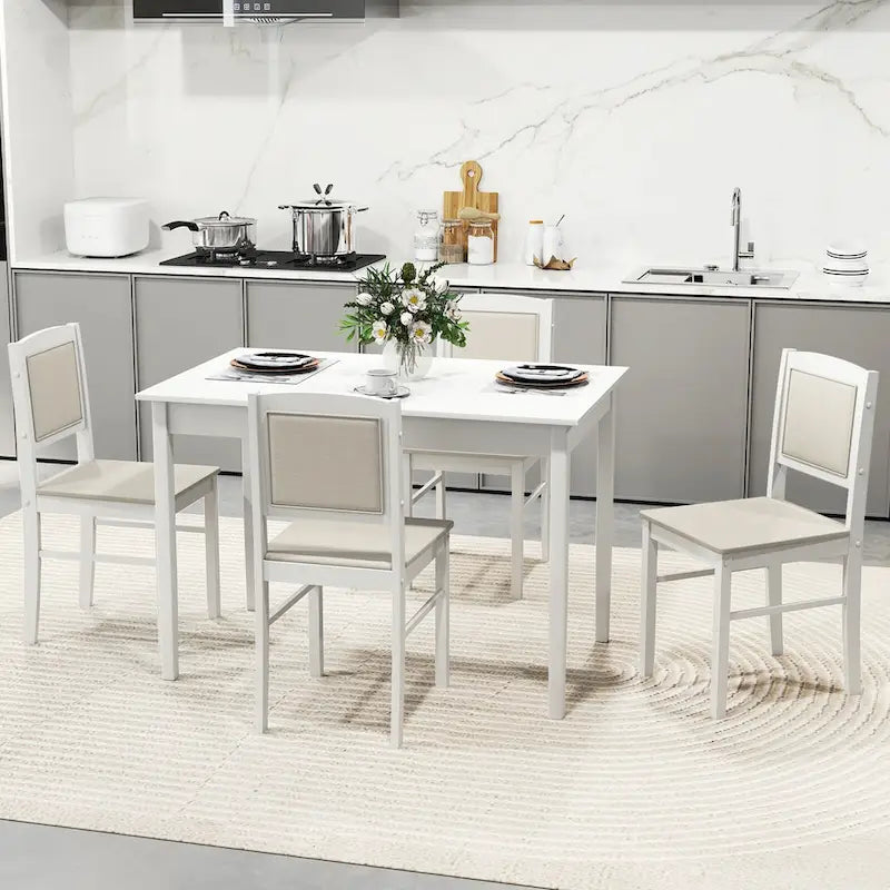 Gymax Set da Pranzo 5 Pezzi per 4 Persone con Tavolo e Sedie con Gambe in Legno di Caucciù e Seduta Imbottita