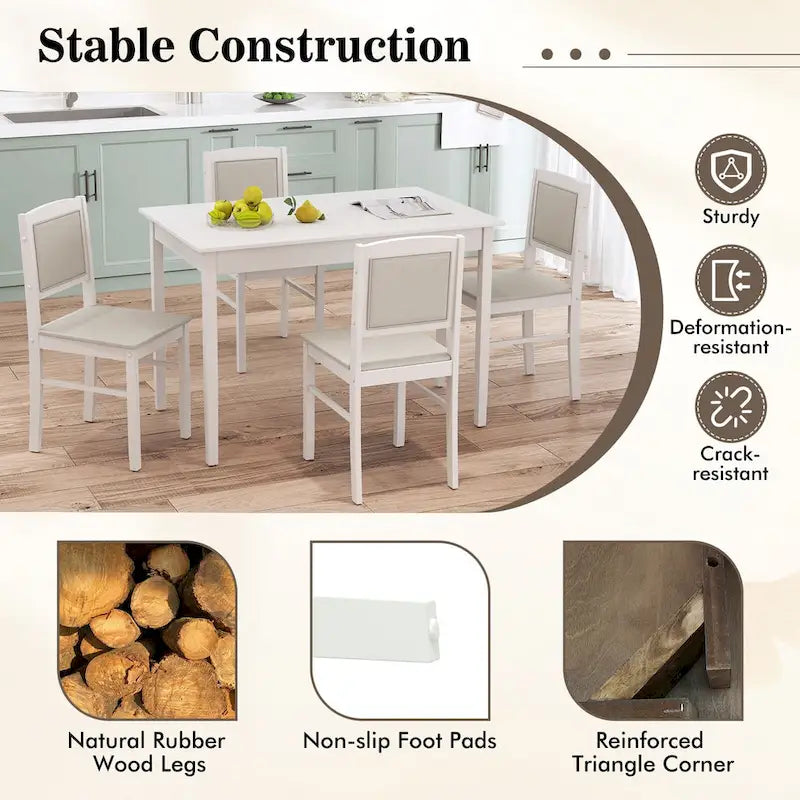 Gymax Set da Pranzo 5 Pezzi per 4 Persone con Tavolo e Sedie con Gambe in Legno di Caucciù e Seduta Imbottita