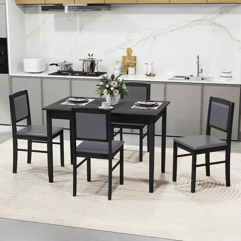 Gymax Set da Pranzo 5 Pezzi per 4 Persone con Tavolo e Sedie con Gambe in Legno di Caucciù e Seduta Imbottita