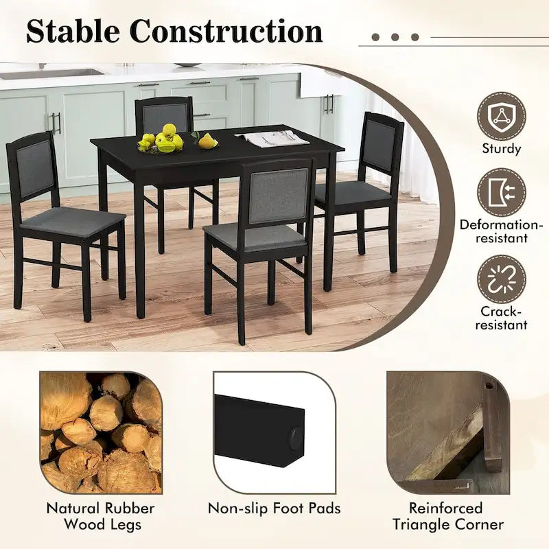 Gymax Set da Pranzo 5 Pezzi per 4 Persone con Tavolo e Sedie con Gambe in Legno di Caucciù e Seduta Imbottita
