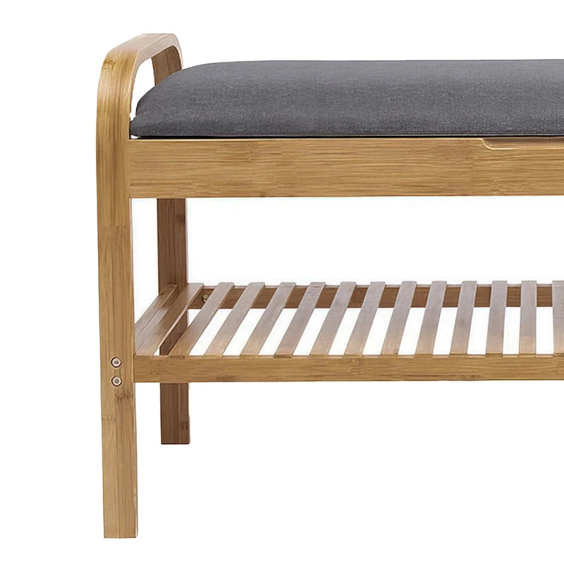 Mindy Shoe Storage Bench, Gray Polyester Seat, Walnut Brown Bamboo, 36 Inch
