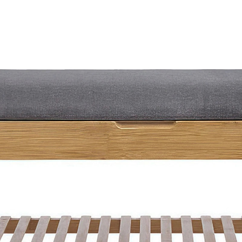 Mindy Shoe Storage Bench, Gray Polyester Seat, Walnut Brown Bamboo, 36 Inch