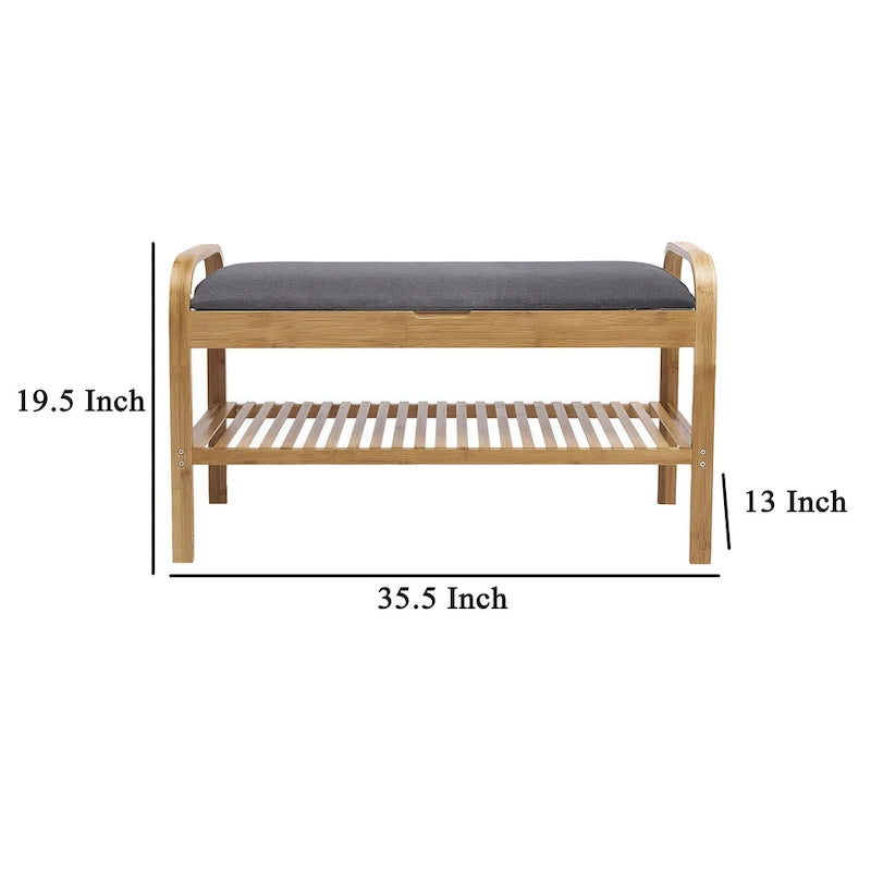 Mindy Shoe Storage Bench, Gray Polyester Seat, Walnut Brown Bamboo, 36 Inch