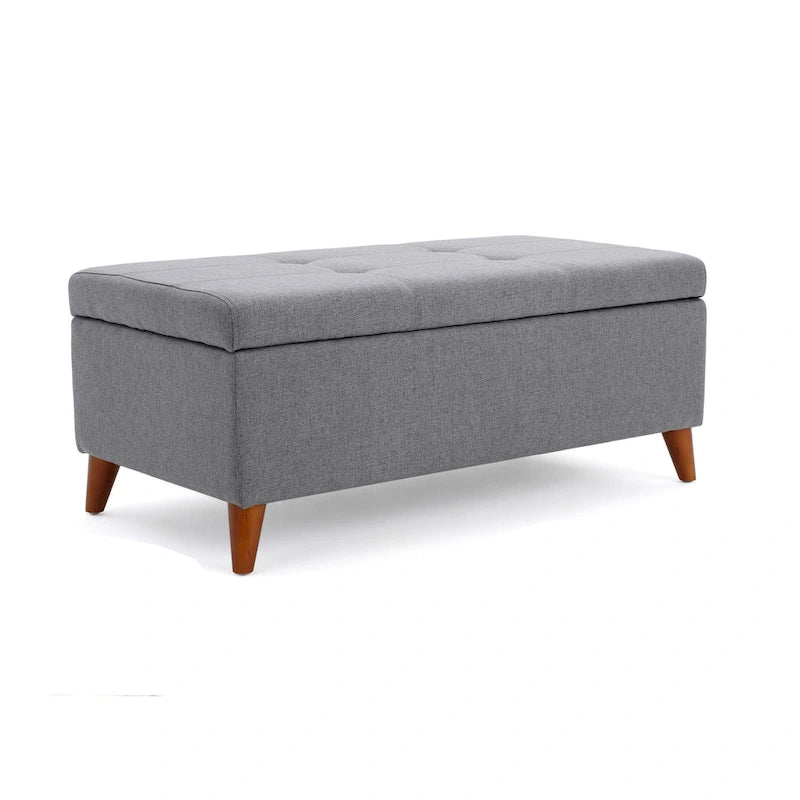 Storage Ottoman Bench, Gray Fabric Cushions, Brown Wood Legs, 38 Inch
