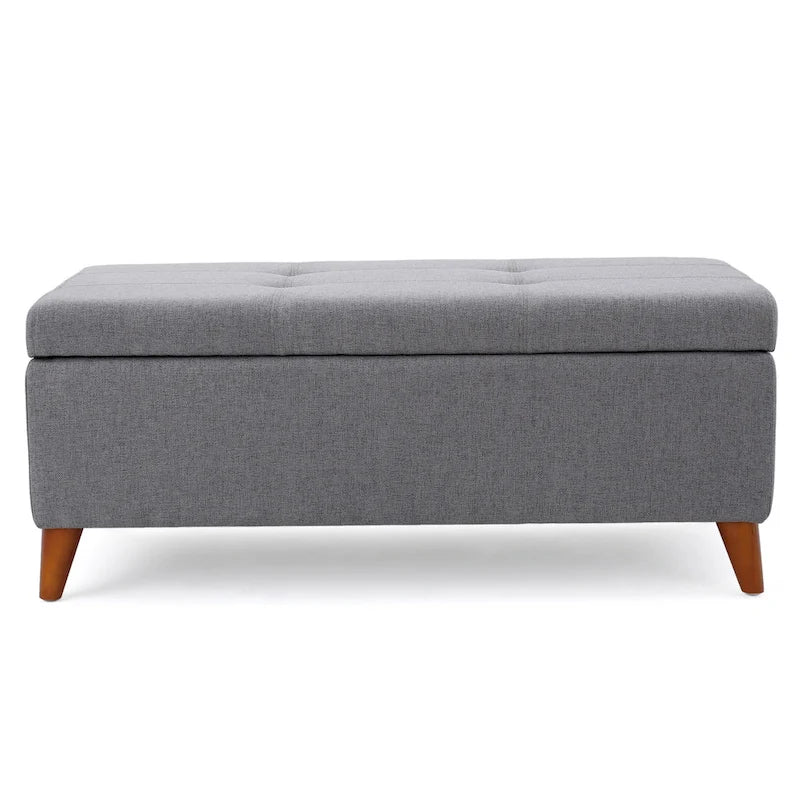 Storage Ottoman Bench, Gray Fabric Cushions, Brown Wood Legs, 38 Inch
