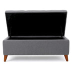 Storage Ottoman Bench, Gray Fabric Cushions, Brown Wood Legs, 38 Inch