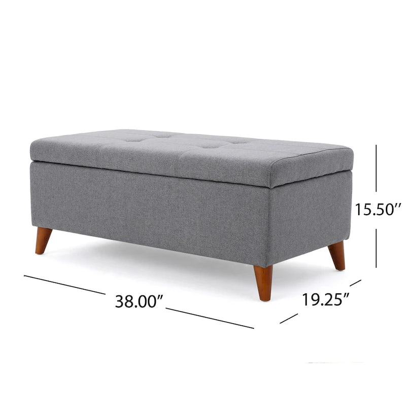 Storage Ottoman Bench, Gray Fabric Cushions, Brown Wood Legs, 38 Inch