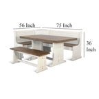 Sime 4pc Corner Breakfast Nook Set, White Brown Dining Table and Bench