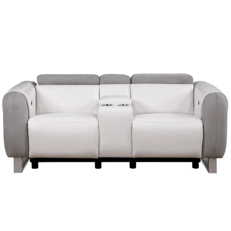 HomeRoots 77 Gray White And Silver Faux Leather and Microfiber Power Reclining Loveseat With Storage - 76.5' X '31.25' X '40