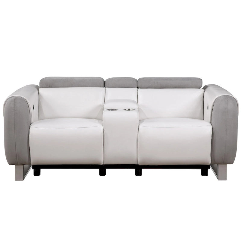 HomeRoots 77 Gray White And Silver Faux Leather and Microfiber Power Reclining Loveseat With Storage - 76.5' X '31.25' X '40