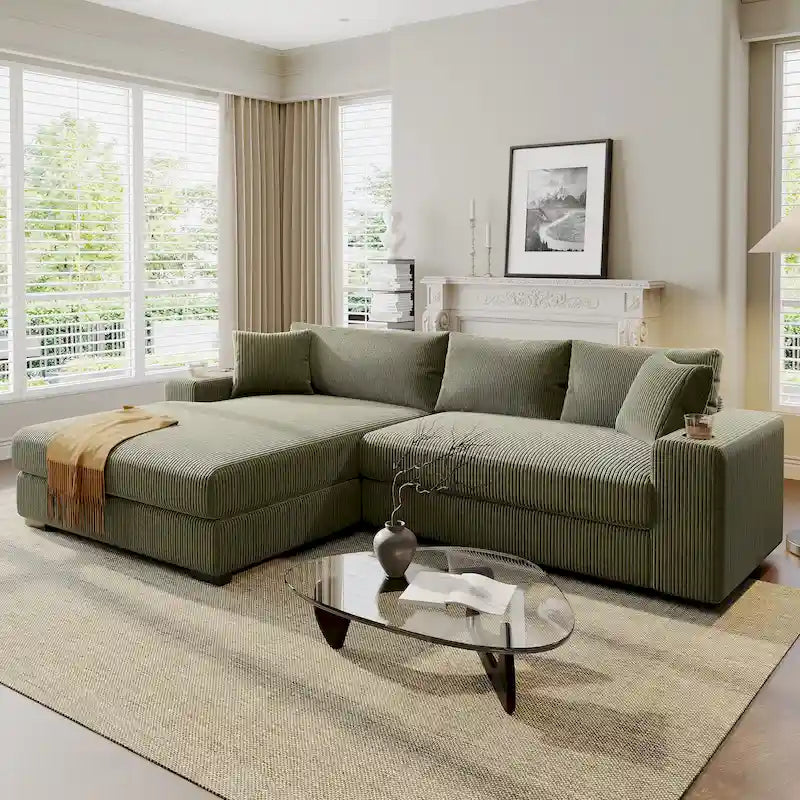 111-Inch Large Corduroy L Shape Sectional Sofa with Built-in Cup Holders & Charging Ports