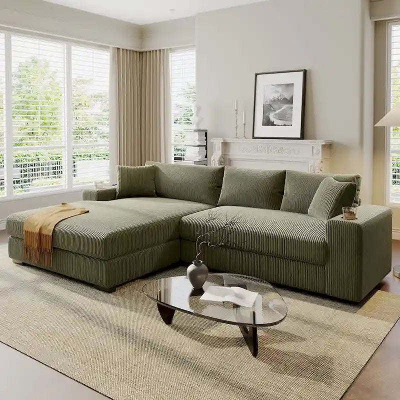 111-Inch Large Corduroy L Shape Sectional Sofa with Built-in Cup Holders & Charging Ports