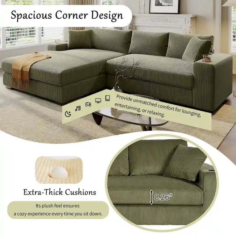 111-Inch Large Corduroy L Shape Sectional Sofa with Built-in Cup Holders & Charging Ports