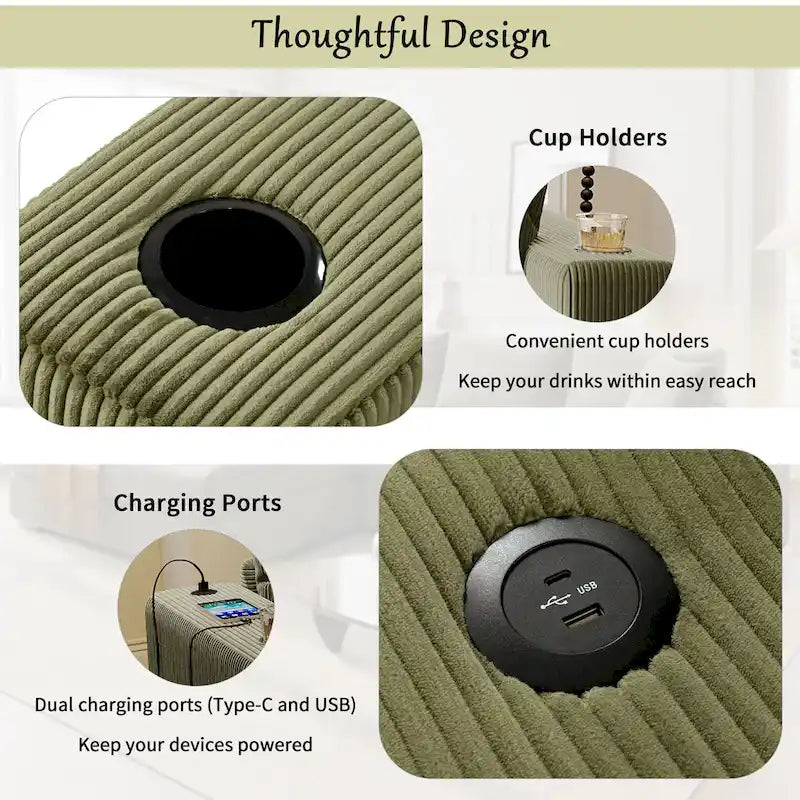 111-Inch Large Corduroy L Shape Sectional Sofa with Built-in Cup Holders & Charging Ports