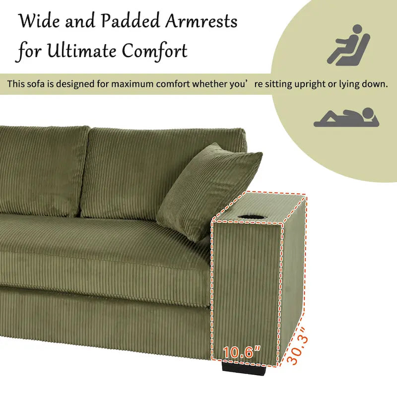 111-Inch Large Corduroy L Shape Sectional Sofa with Built-in Cup Holders & Charging Ports