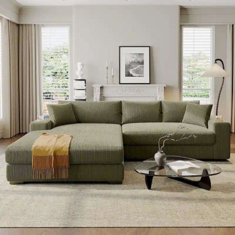 111-Inch Large Corduroy L Shape Sectional Sofa with Built-in Cup Holders & Charging Ports
