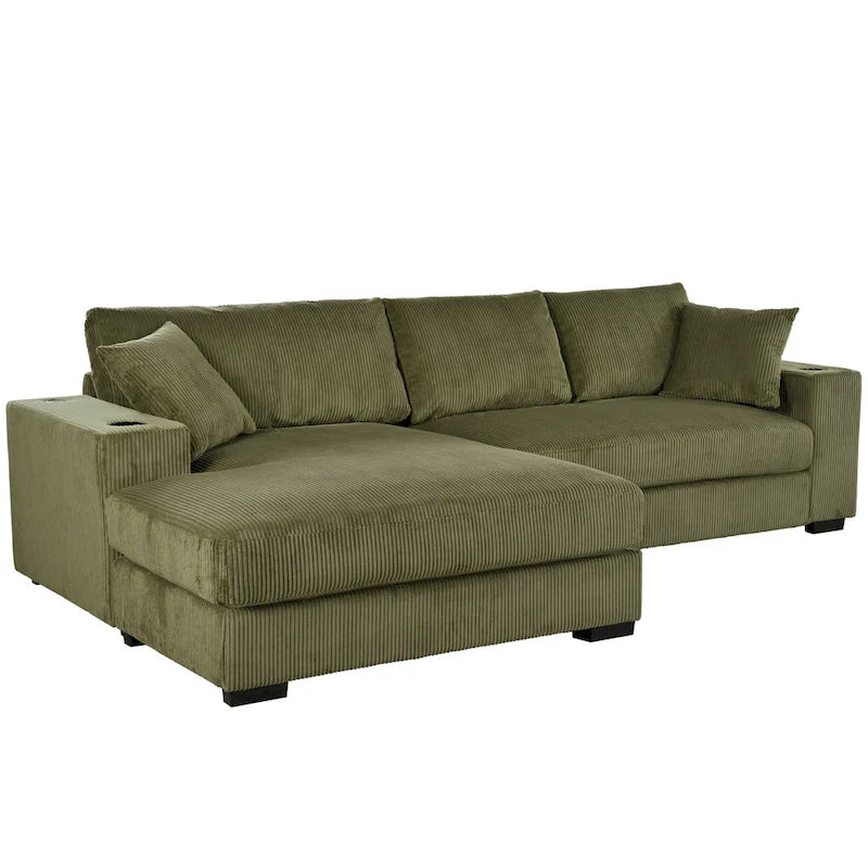 111-Inch Large Corduroy L Shape Sectional Sofa with Built-in Cup Holders & Charging Ports
