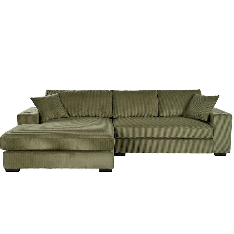 111-Inch Large Corduroy L Shape Sectional Sofa with Built-in Cup Holders & Charging Ports