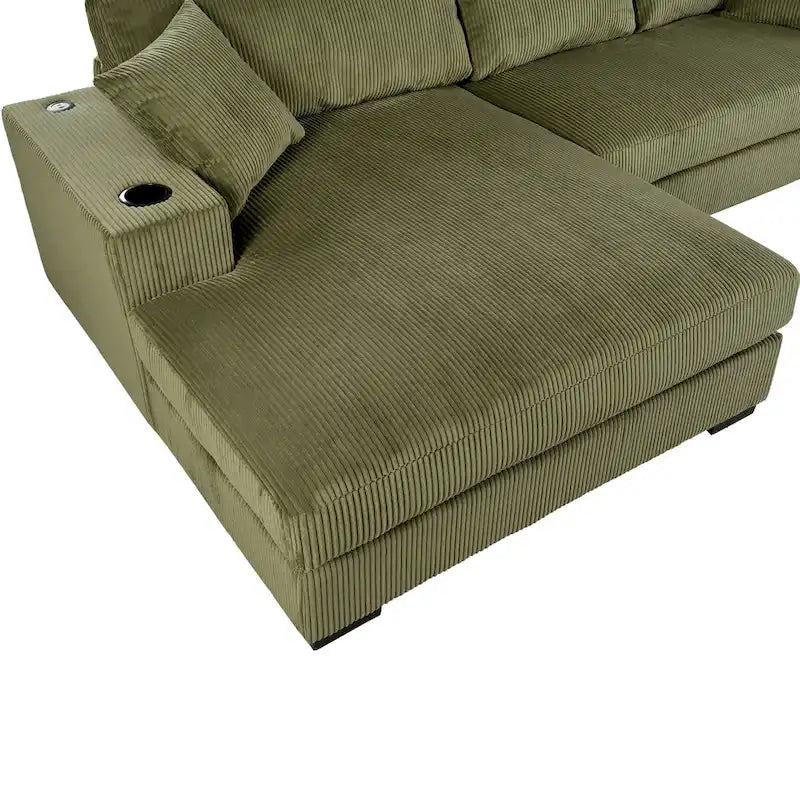 111-Inch Large Corduroy L Shape Sectional Sofa with Built-in Cup Holders & Charging Ports