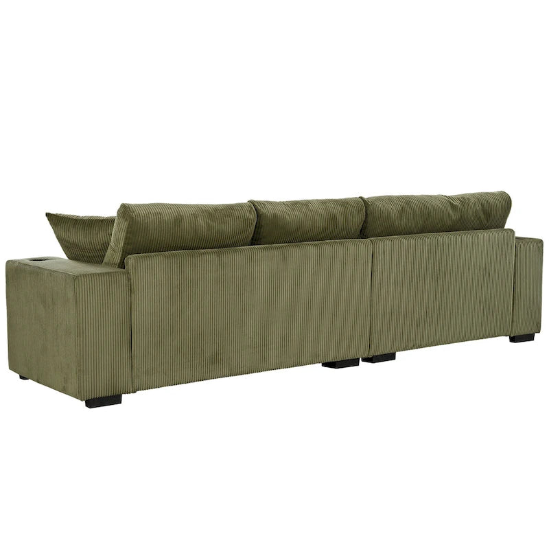 111-Inch Large Corduroy L Shape Sectional Sofa with Built-in Cup Holders & Charging Ports