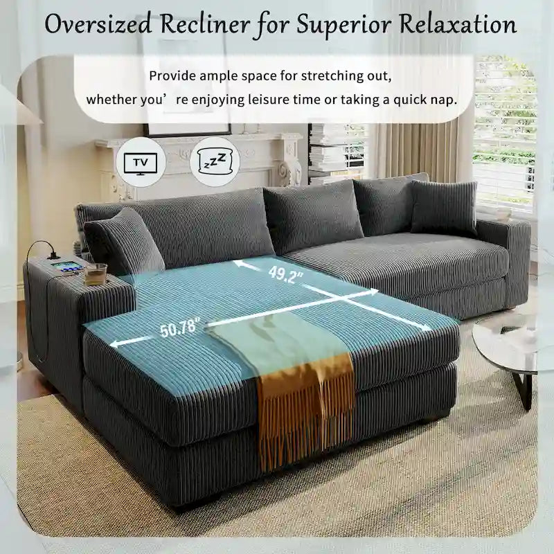 111-Inch Large Corduroy L Shape Sectional Sofa with Built-in Cup Holders & Charging Ports