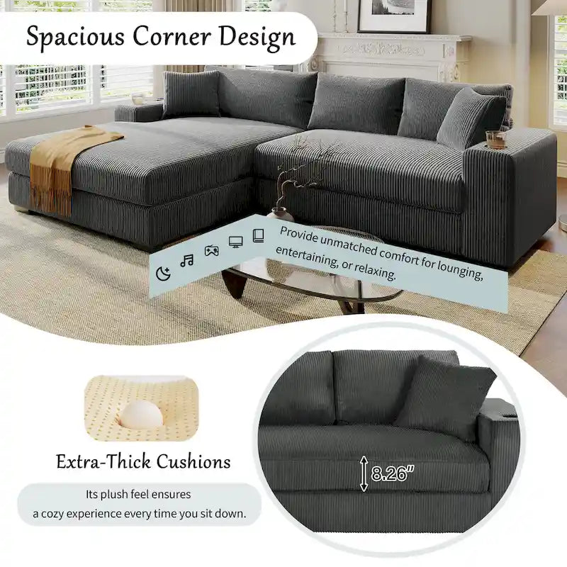 111-Inch Large Corduroy L Shape Sectional Sofa with Built-in Cup Holders & Charging Ports