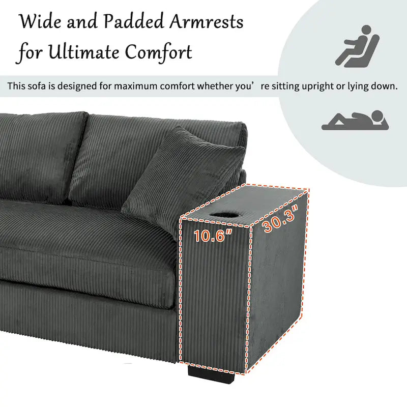 111-Inch Large Corduroy L Shape Sectional Sofa with Built-in Cup Holders & Charging Ports