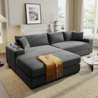 111-Inch Large Corduroy L Shape Sectional Sofa with Built-in Cup Holders & Charging Ports