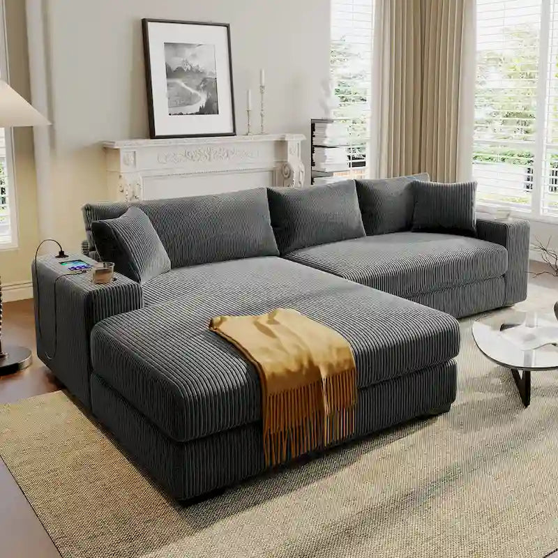111-Inch Large Corduroy L Shape Sectional Sofa with Built-in Cup Holders & Charging Ports