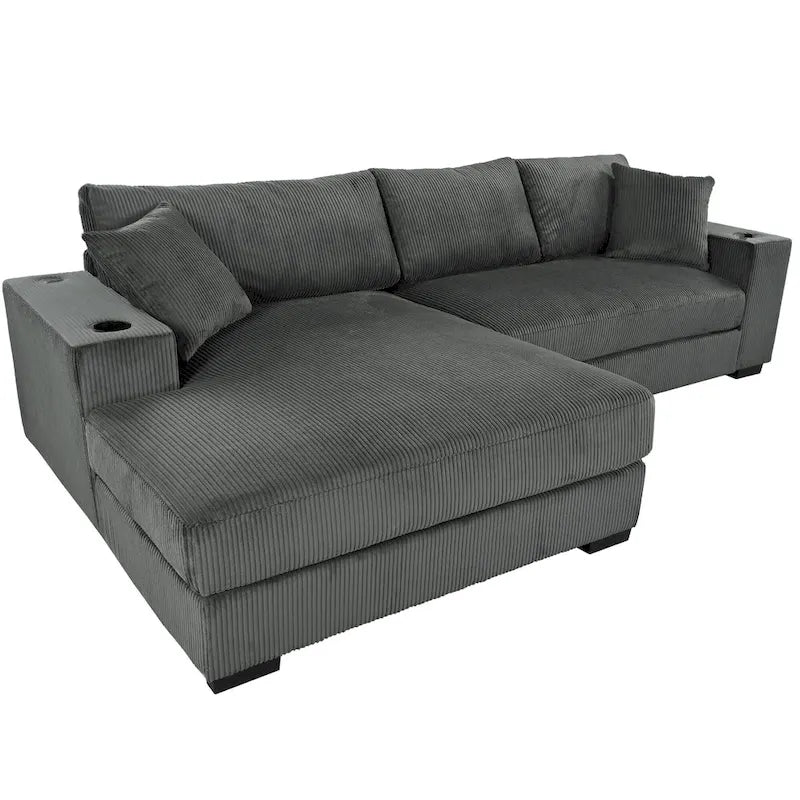111-Inch Large Corduroy L Shape Sectional Sofa with Built-in Cup Holders & Charging Ports