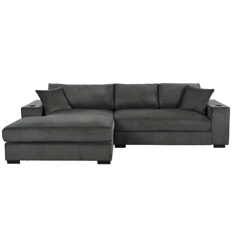 111-Inch Large Corduroy L Shape Sectional Sofa with Built-in Cup Holders & Charging Ports
