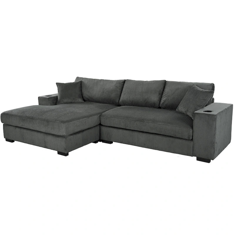 111-Inch Large Corduroy L Shape Sectional Sofa with Built-in Cup Holders & Charging Ports