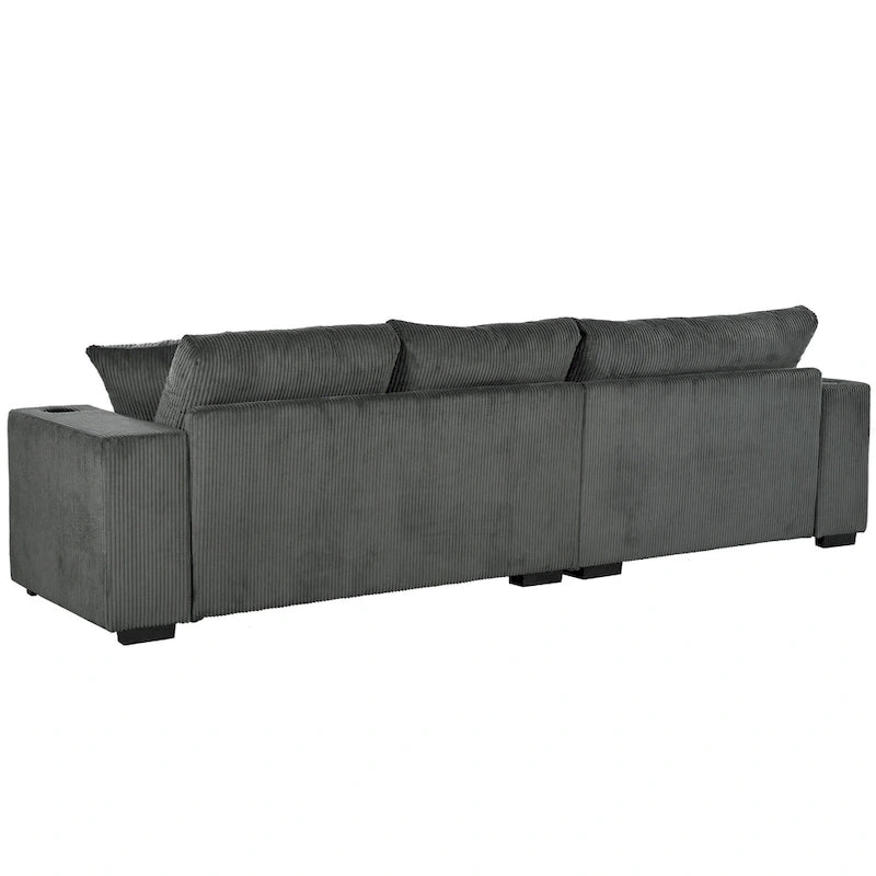 111-Inch Large Corduroy L Shape Sectional Sofa with Built-in Cup Holders & Charging Ports