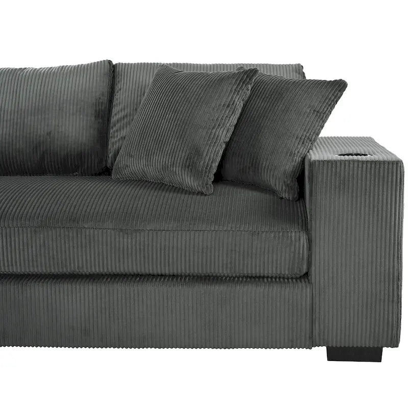 111-Inch Large Corduroy L Shape Sectional Sofa with Built-in Cup Holders & Charging Ports