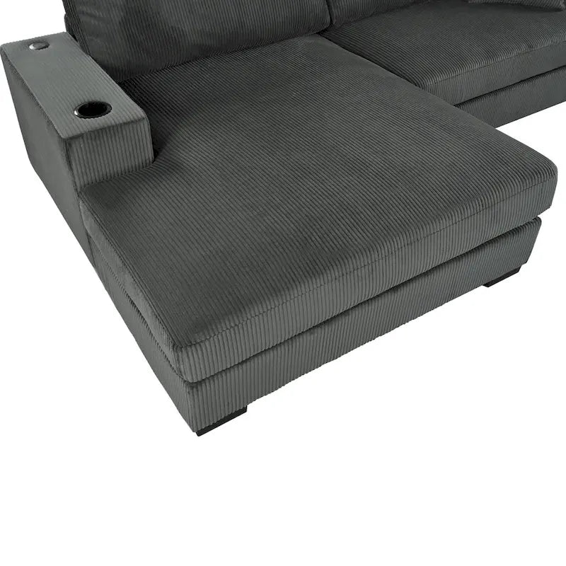 111-Inch Large Corduroy L Shape Sectional Sofa with Built-in Cup Holders & Charging Ports