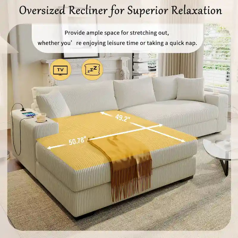 111-Inch Large Corduroy L Shape Sectional Sofa with Built-in Cup Holders & Charging Ports