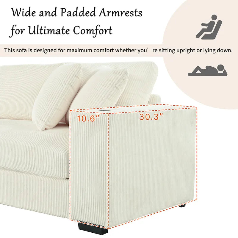 111-Inch Large Corduroy L Shape Sectional Sofa with Built-in Cup Holders & Charging Ports