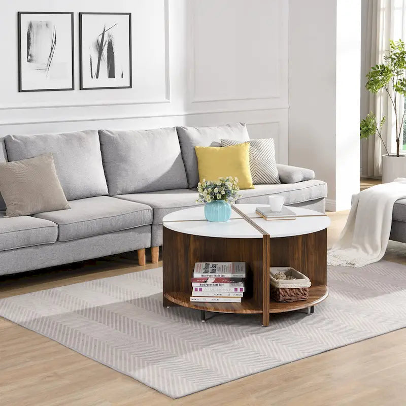 Industrial Round Coffee Table Double Layer Coffee Table with Storage Space, for Living Room Garden, White