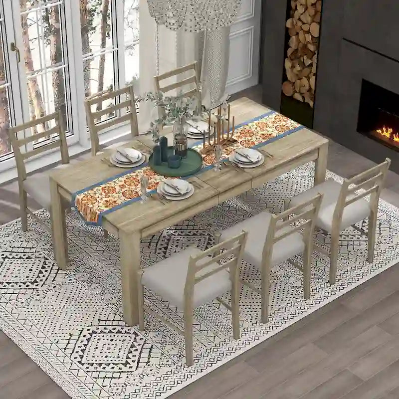 7 Piece Wooden Furniture Set, Extendable Kitchen Table Set with Leaf and 2 Drawers, 6 Upholstered Dining Chairs