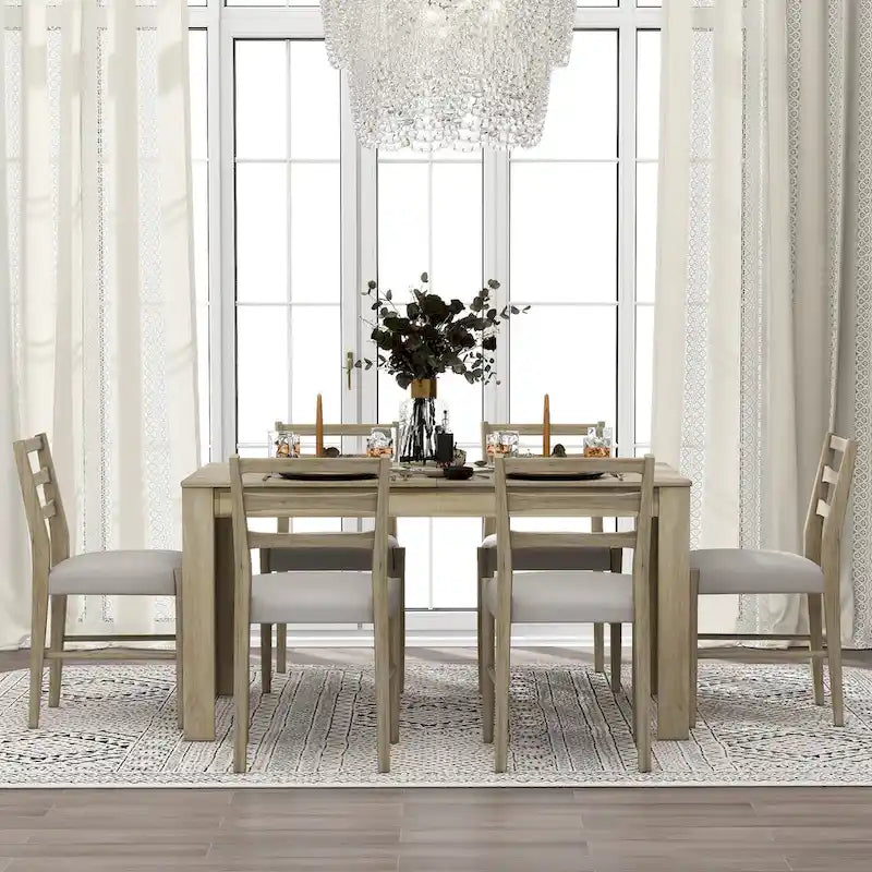 7 Piece Wooden Furniture Set, Extendable Kitchen Table Set with Leaf and 2 Drawers, 6 Upholstered Dining Chairs