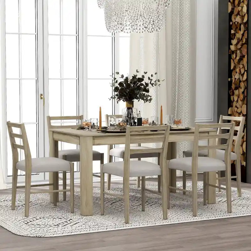 7 Piece Wooden Furniture Set, Extendable Kitchen Table Set with Leaf and 2 Drawers, 6 Upholstered Dining Chairs