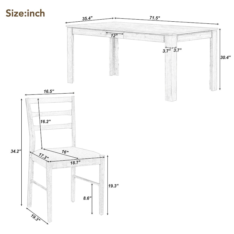 7 Piece Wooden Furniture Set, Extendable Kitchen Table Set with Leaf and 2 Drawers, 6 Upholstered Dining Chairs