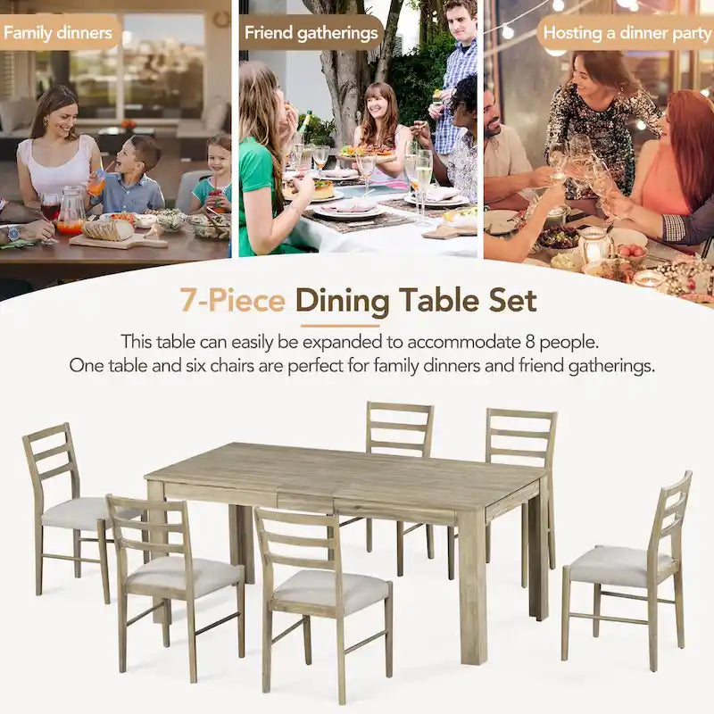 7 Piece Wooden Furniture Set, Extendable Kitchen Table Set with Leaf and 2 Drawers, 6 Upholstered Dining Chairs