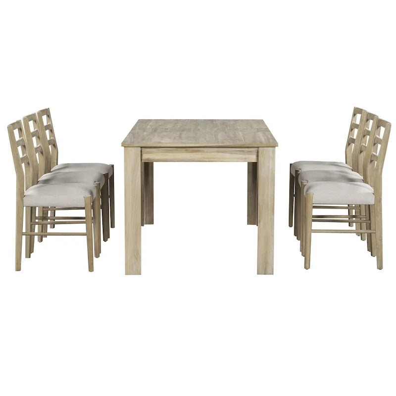 7 Piece Wooden Furniture Set, Extendable Kitchen Table Set with Leaf and 2 Drawers, 6 Upholstered Dining Chairs