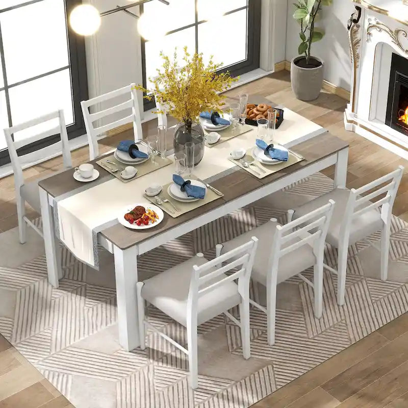 7 Piece Wooden Furniture Set, Extendable Kitchen Table Set with Leaf and 2 Drawers, 6 Upholstered Dining Chairs