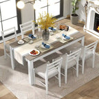 7 Piece Wooden Furniture Set, Extendable Kitchen Table Set with Leaf and 2 Drawers, 6 Upholstered Dining Chairs