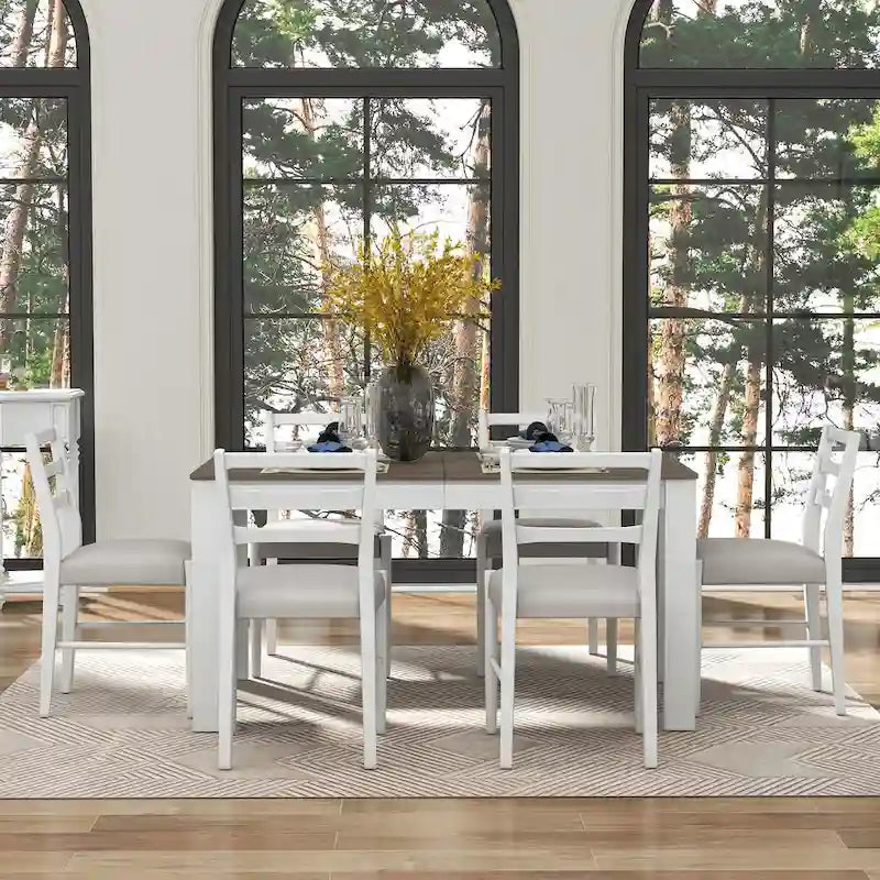 7 Piece Wooden Furniture Set, Extendable Kitchen Table Set with Leaf and 2 Drawers, 6 Upholstered Dining Chairs